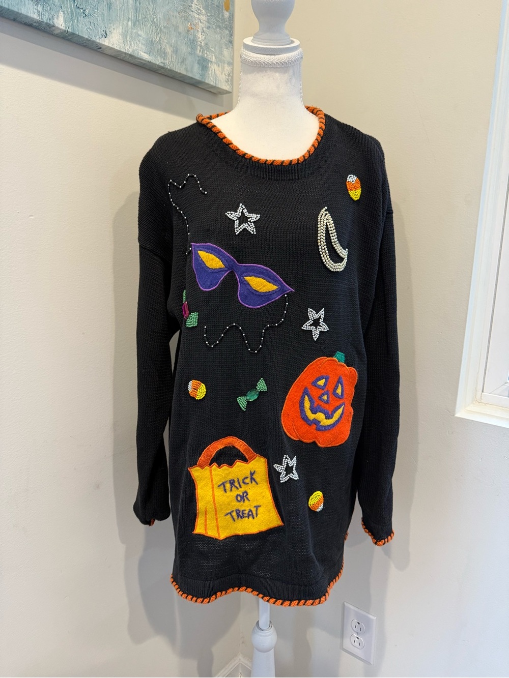 Vintage Victoria Jones Woman Black Halloween Sweater with Appliqués M